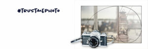 Banner von "Trust me, I'm a photographer." mit dem Bild einer Laterne auf einem Tisch im Goldenen Schnitt und einer alten Nikon F als Collage hineingebaut.